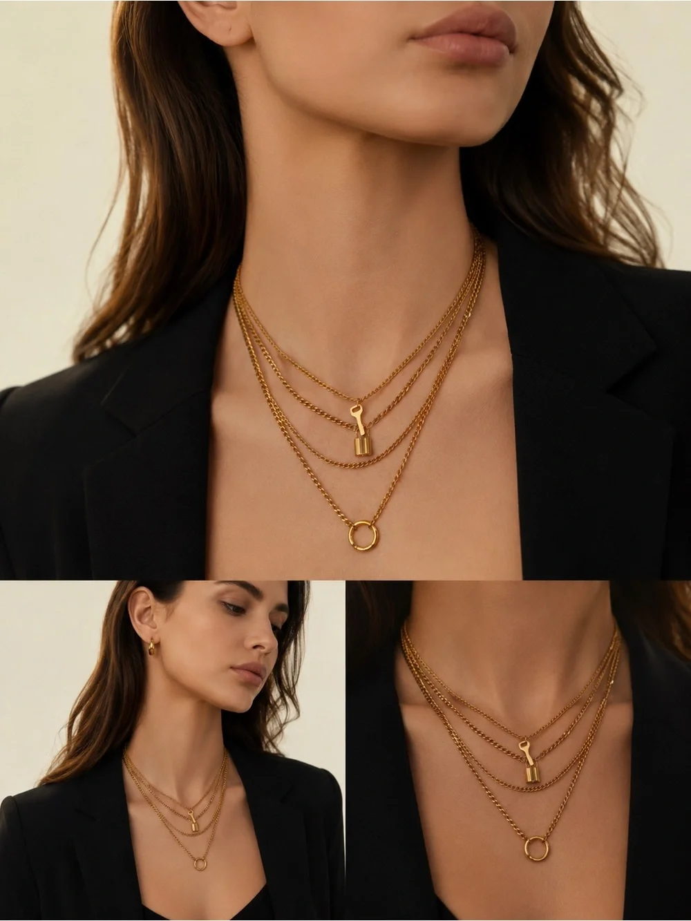 Gold Layered Padlock & Key Multi-Strand Necklace - Women Jewelry